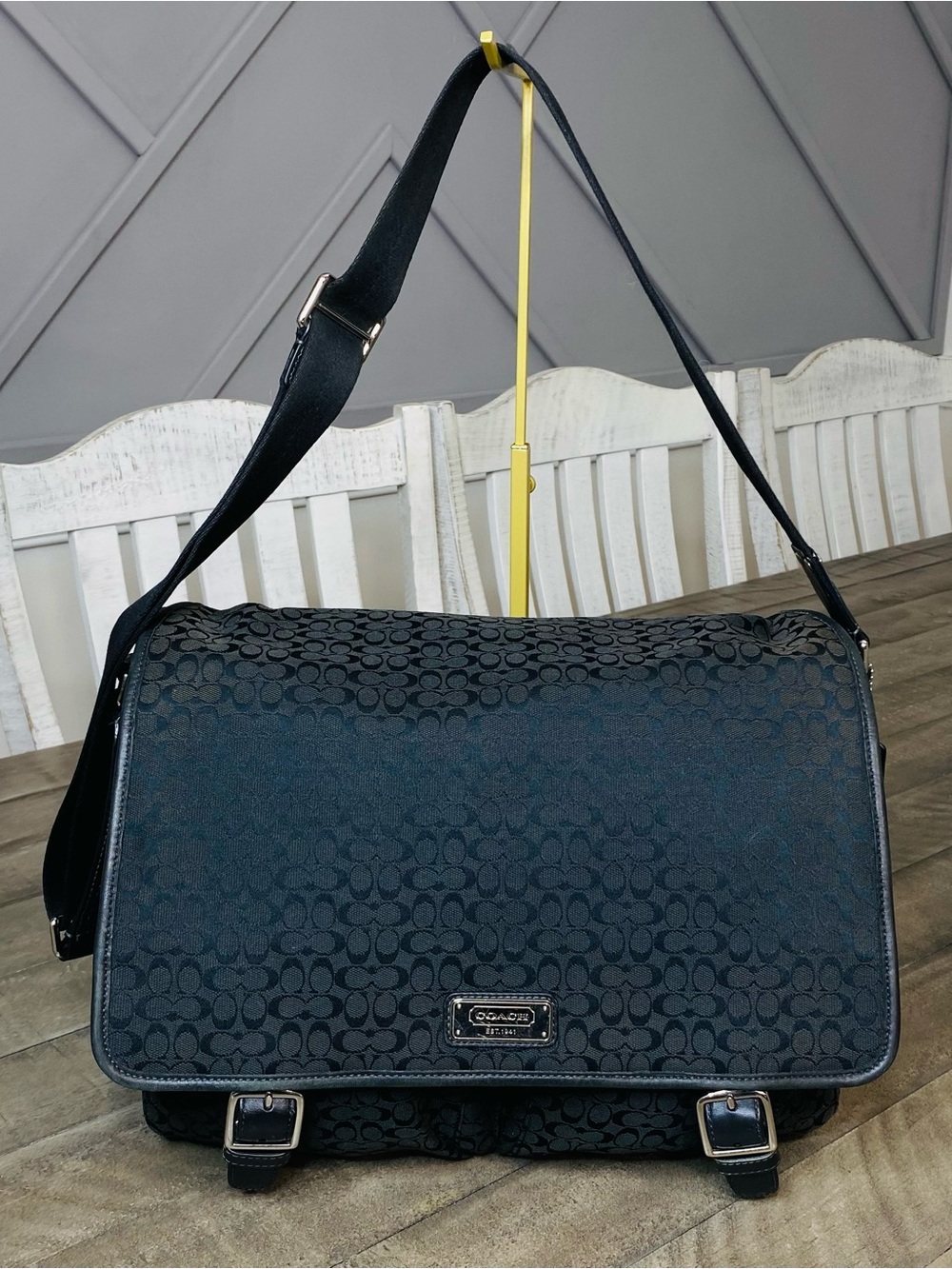 Coach Signature Jacquard Messenger Bag Black Canvas Laptop Crossbody F70283
